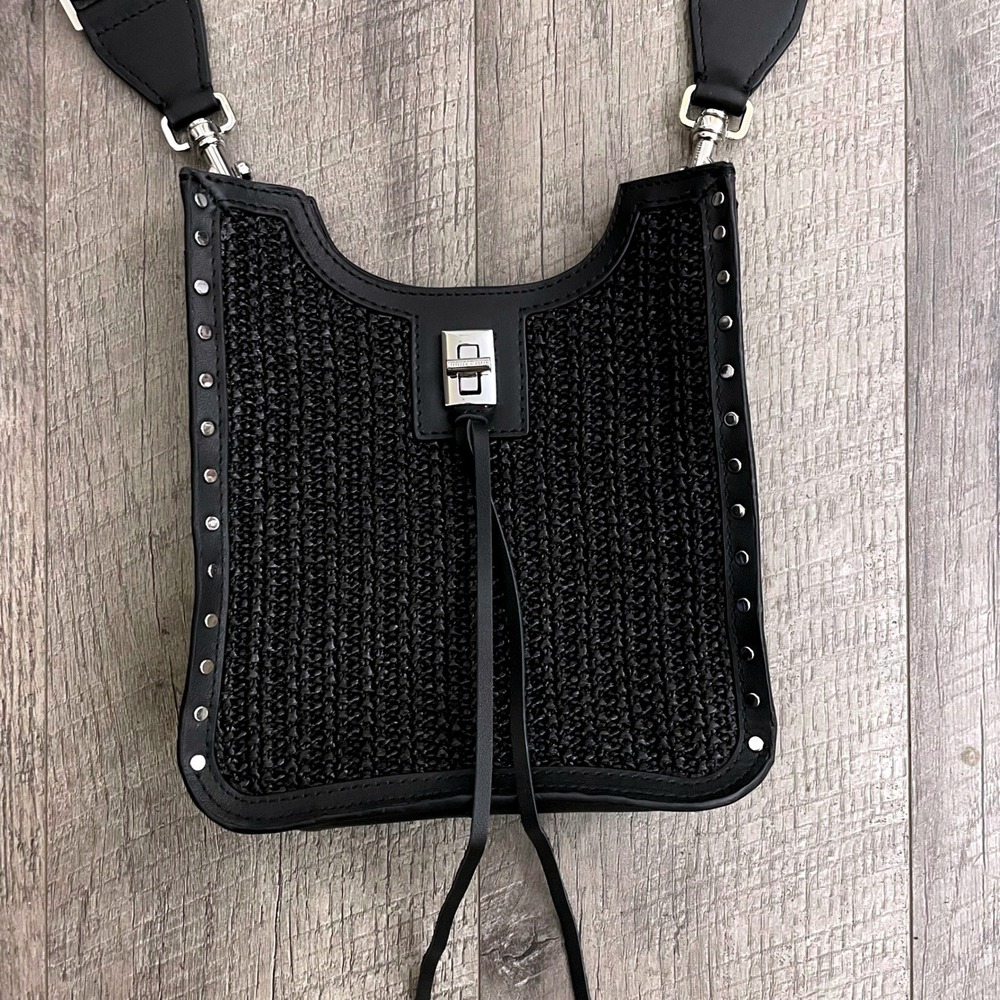 Rebecca Minkoff Black Woven Raffia Leather Studded Mini Crossbody Bag